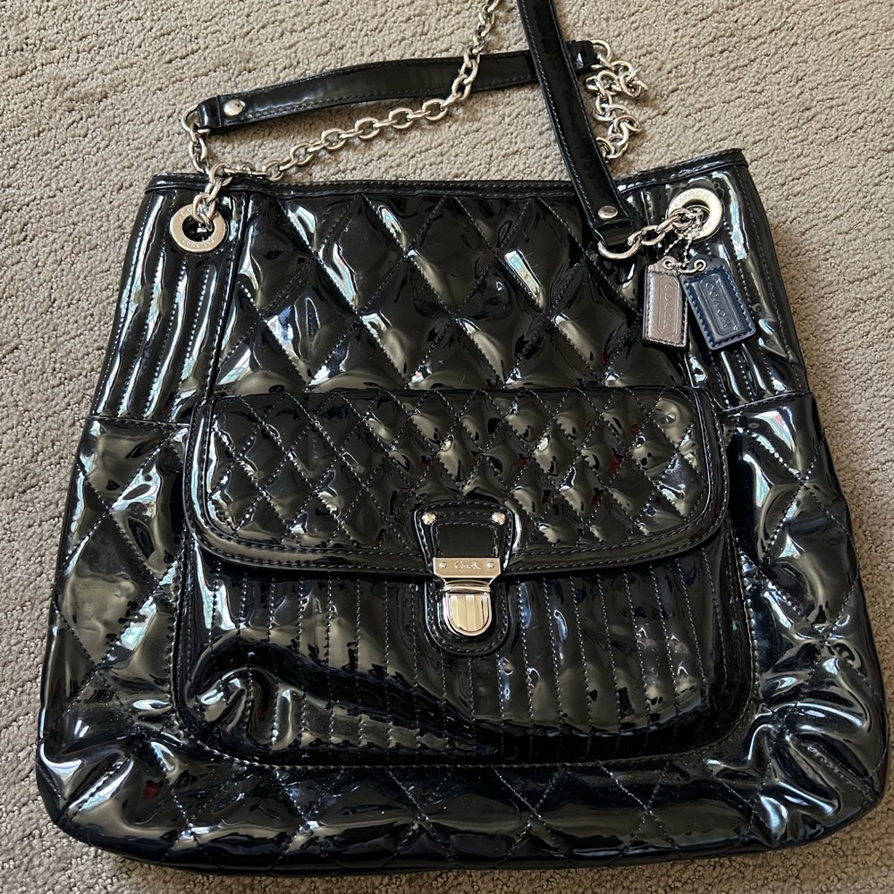 Coach poppy liquid gloss slim tote black patent leather silver hardware pockets